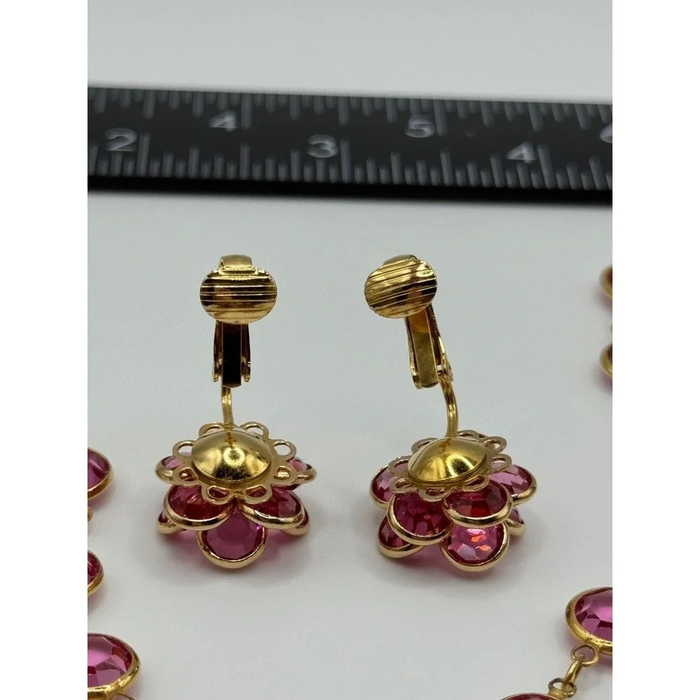 Vintage Pink Open Back Crystal‎ Necklace Clip On Earrings Bracelet Set Gold Tone
